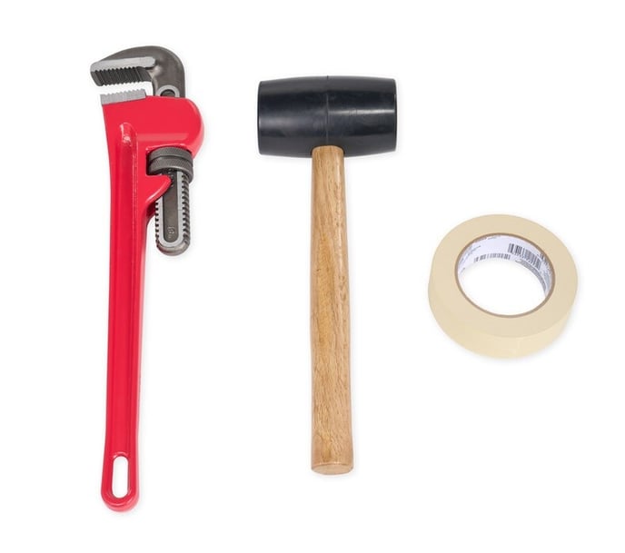 Masking tape, rubber mallet, pipe wrench